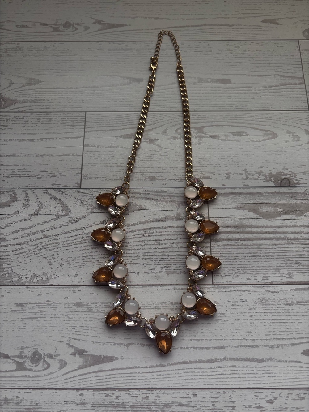 5 for $25! Statement Gold Necklace with Amber and Pearl Like Stones